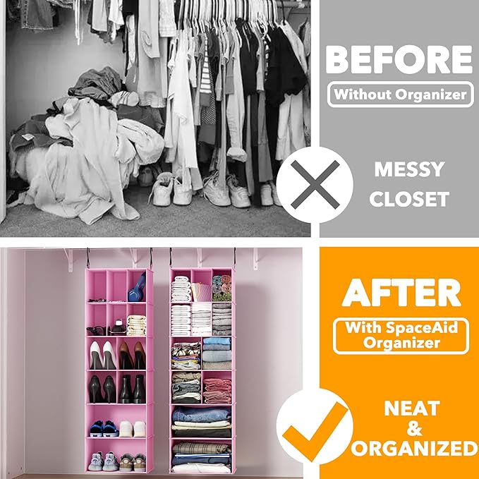 SpaceAid 2 Pack Hanging Closet Organizer and Storage with Dividers, 24 Compartments Hanging Shoe Shelves for Closet, Wardrobe