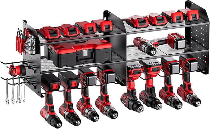TRZZ 2-in-1 Power Tool Organizer Wall Mount, 3-Layer Drill Holder with 2 Side Pegboards, 8 Drill Holders, 4 Hooks, and 1 Dril