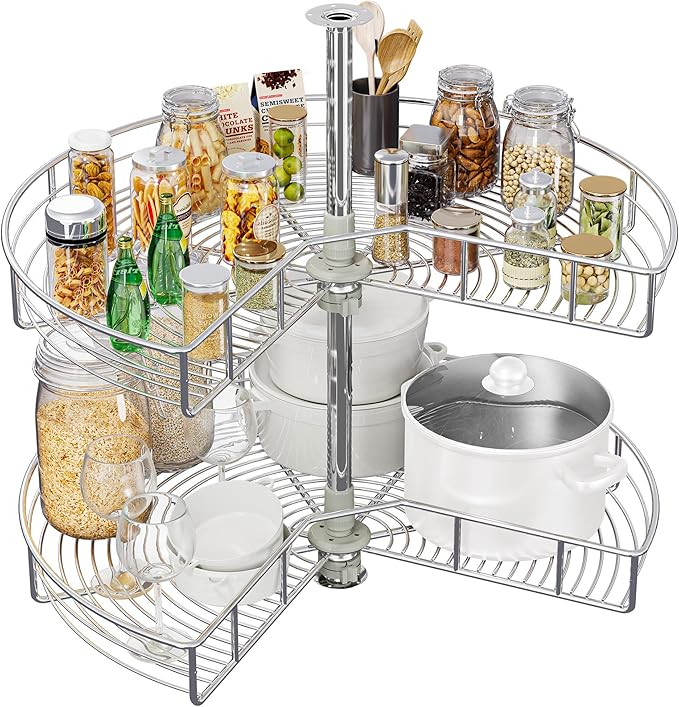 YITAHOME 31" Lazy Susan Turntable with Chrome Pie-Cut Design, 270° Chrome Corner Organizer with 2 Shelves and Adjustable Heig