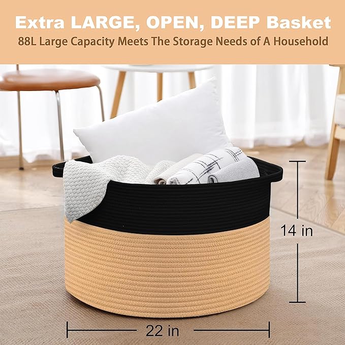 MEGASKET Extra Large Storage Basket, 22" X 14" Blanket Storage for Living Room, Decorative Kids Dog Toy Bin Box, Big Woven Co