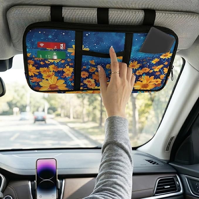 Sunflower Car Sun Visor Organizer, Small Auto Visor Storage Organizer, Vehicle Multi-Pocket Document Holder for License, Card, Pen, Sunglasses Elegant Cars Accessories