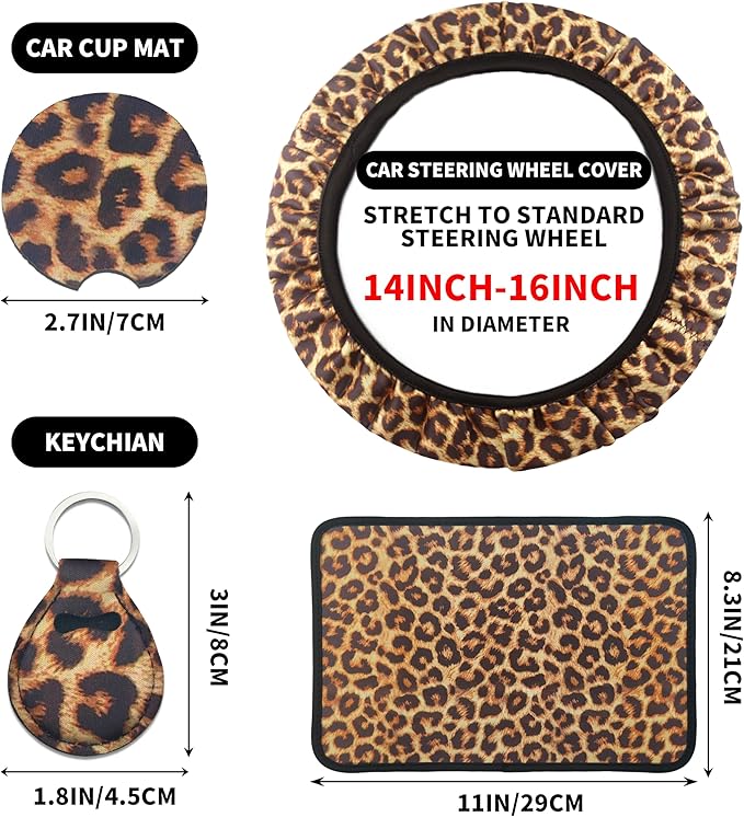 10 Pieces Leopard Print Printing Car Steering Wheel Cover Center Console Armrest Pad Headrest Seat Belt Cover Handbrake Cover Keychain Coaster Full Set Car SUV(Brown)