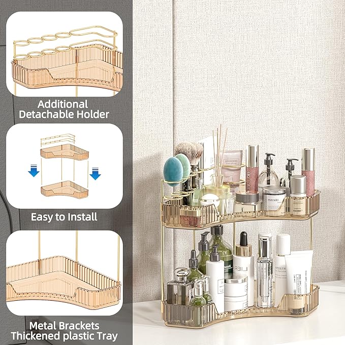 Corner Bathroom Counter Organizer with Top Toothbrush Holders, 2-Tier Make Up Organizers for Vanity with Brush Holder, Corner