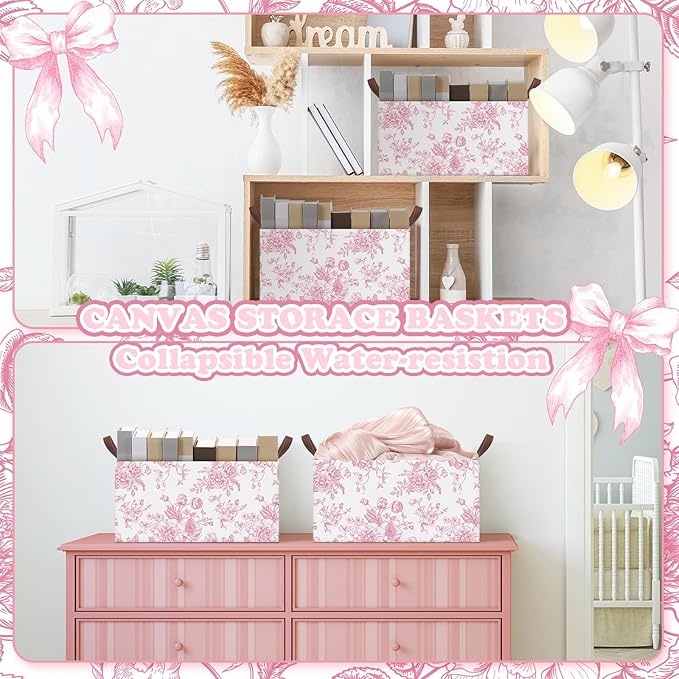 Boao 3 Pcs Pink Floral Foldable Storage Baskets Pink Hydrangea Laundry Basket with Handles Waterproof Storage Bins Fabric She