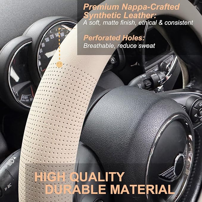 PINCTROT Nappa Leather Steering Wheel Cover, Slim Fit No Bulk Design, One Piece Leather with Breathable Perforation, Fit Like