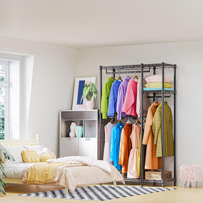 M MZG Heavy Duty Rolling Garment Rack 3 Tiers Adjustable Wire Shelving Clothes Rack with 3 Rods and Side Hooks,Storage Closet