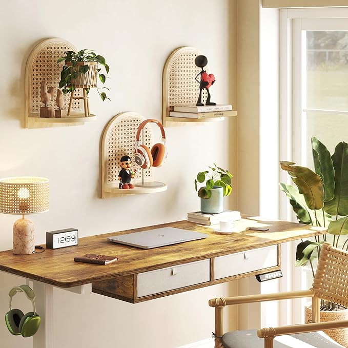 Rattan Wall Shelf Set of 3, 7''Natural Rattan Shelves with Wicker Decor, Boho Decor Small Floating Shelves for Wall, Arched S