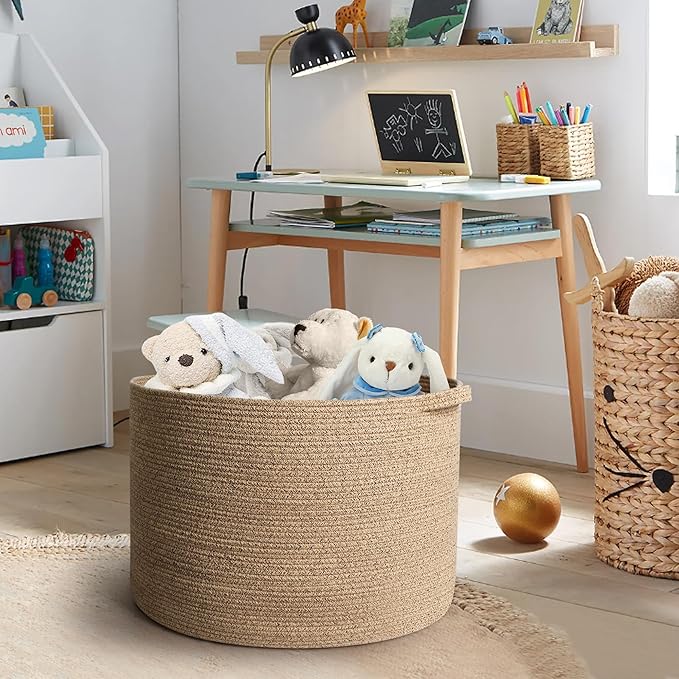 MEGASKET Large Wicker Storage Basket, 22” X 22” X 14” Woven Cotton Rope Basket, Kids Dog Toy Bin Organizer, Blanket Pillow Ho