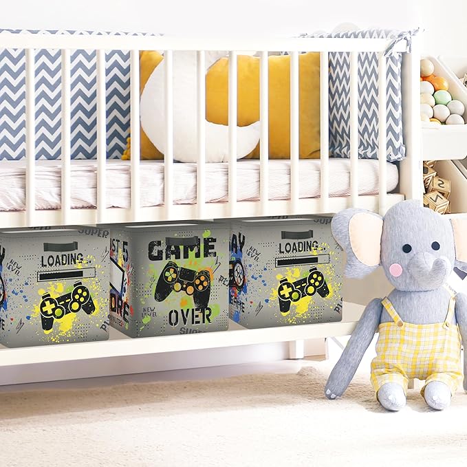 Clastyle Video Game Kid Storage Cube Organizer Set Black Gamepad Closet Clothes Cube Storage Bin Nursery Toddler Toy Box Ches