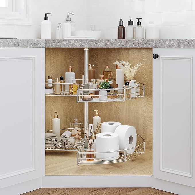 DWVO 31″ Kidney 2-Tier Lazy Susan – Telescoping Mount Corner Cabinet Organizer with Pie-Shelf Design, for Bathroom,Kitchen Ca