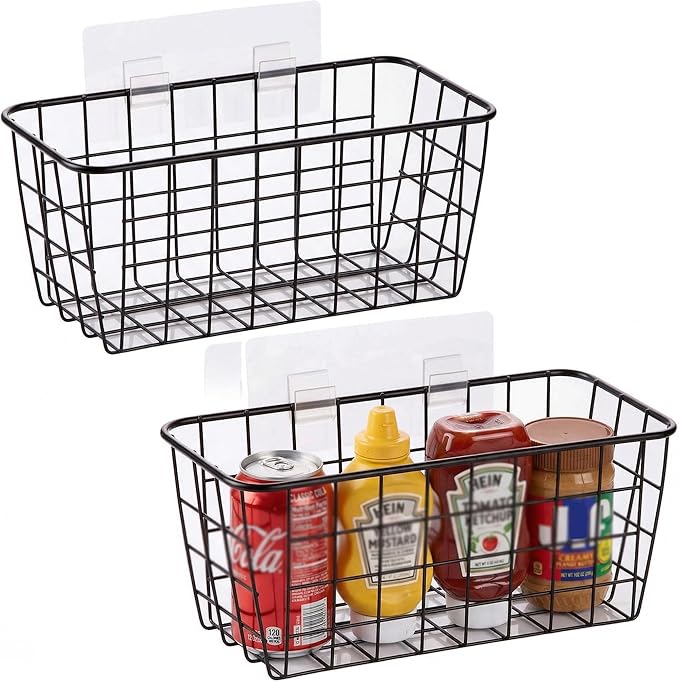 2 Set Adhesive Hanging Wall Basket Inside Cabinet Door Organizer,Wall Storage Basket-No Drilling Adhesive wall Basket for Cup