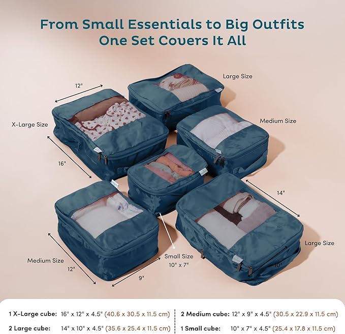 6-Pack Large Compression Packing Cubes for Travel - Lightweight Compression Packing Cube Set, Water-Resistant Luggage Organiz