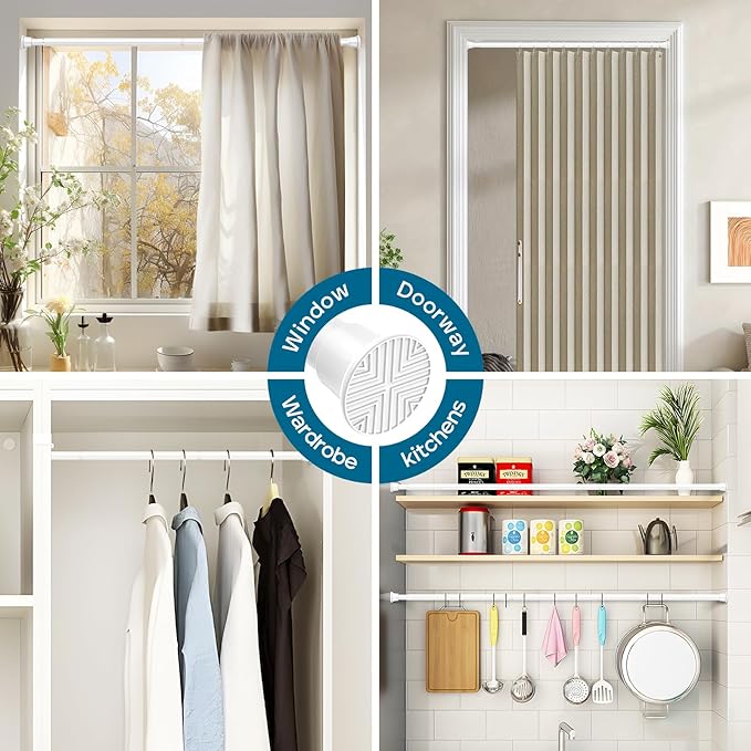 AIZESI 2pcs White Adjustable Tension Curtain Rod, 31-63 Inch Spring No Drill Stainless Steel Shower Rods for Bathroom，Closet 