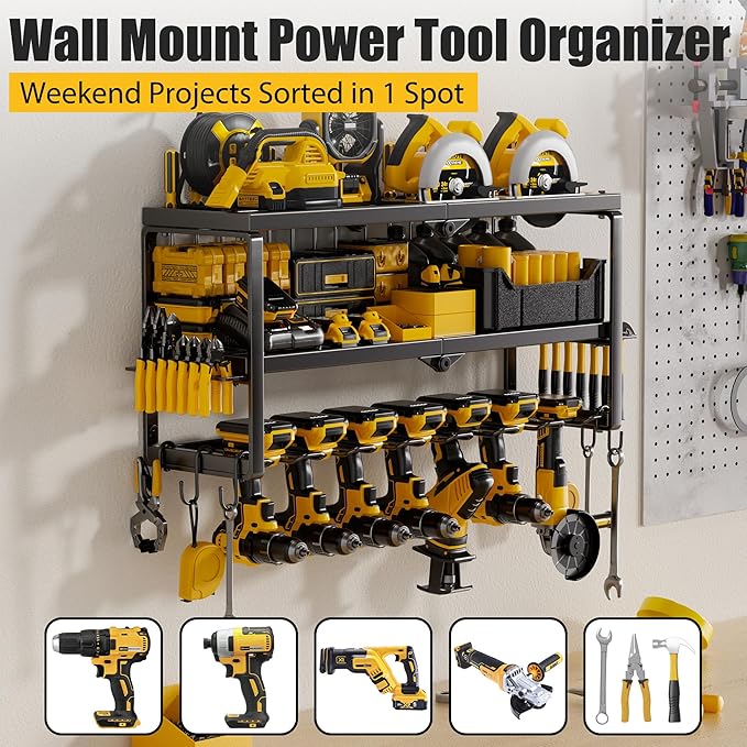 Power Tool Organizer Wall Mount, 7 Slots Cordless Drill Holder Storage Rack, Heavy Duty Battery Tools Holder with Shelf for C