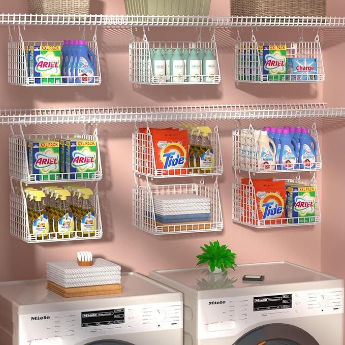 PUPPYCUTE 3-Pack Laundry Room Organization and Storage, Hanging Wire Basket for Laundry with 360°Rotating Hooks, Over Washer 