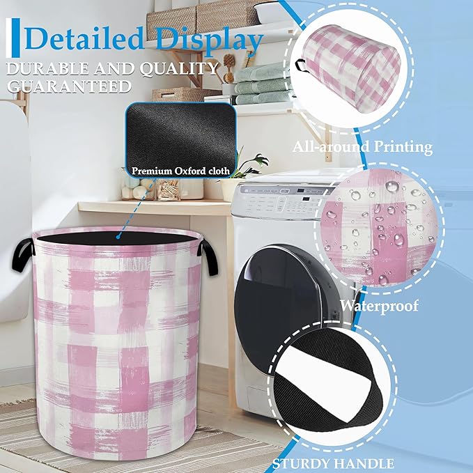 Pink Plaid Laundry Basket Collapsible Laundry Hamper with Handle, Oxford Clothes Toy Storage Bin for Bathroom Bedroom Room De
