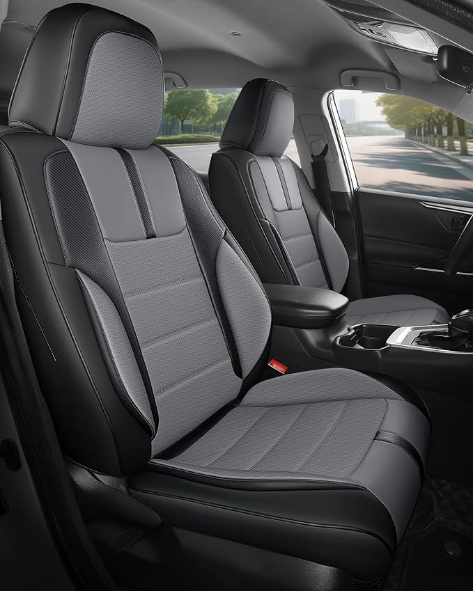 FREESOO Black Gray Front Car Seat Covers - Faux Nappa Leather Seat Covers for Cars, with Carbon Fiber Texture Seatbelt Pads, 