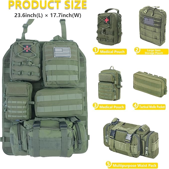 Universal Tactical Car Seat Back Organizer Bag Tactical Molle Vehicle Organizers Panel Vehicle Protector Organizers with 5 Detachable Pouches for Car Truck Ford Jeep (Model A-Army green)