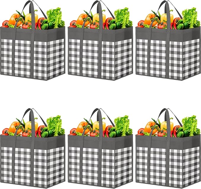 WOWBOX Reusable Grocery Bags,6-Pack, Foldable Reusable Shopping Tote Bags bulk with Reinforced Handles,Large Storage Bags with Water Resistant Coating for Groceries,Multipurpose,Grey-White