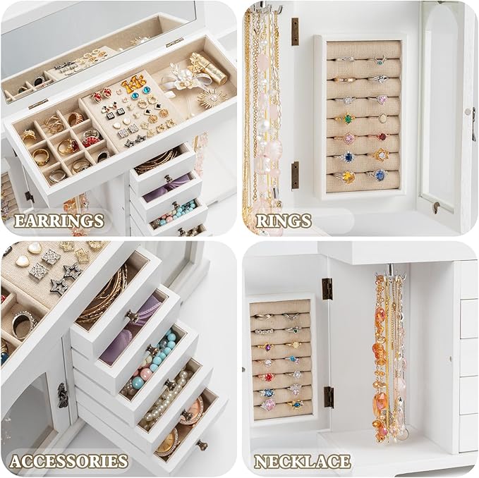 Miratino Jewelry Box for Women Girls, Wooden Jewelry Organizer Box with Mirror, 5 Layer Jewelry Storage Case Display for Neck