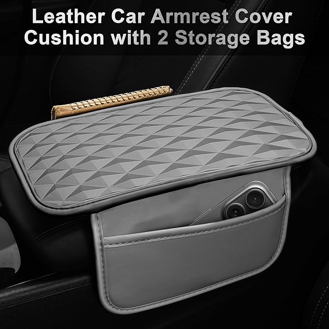 CAR PASS 3D Rhombus Memory Foam Leather Steering Wheel Cover Set, Comfortable Center Console Armrest Cushion Cover with Storage Bags Non-Slip Cup Coasters, 14.5-15in Car Interior Sets, 4 PCS All Gray