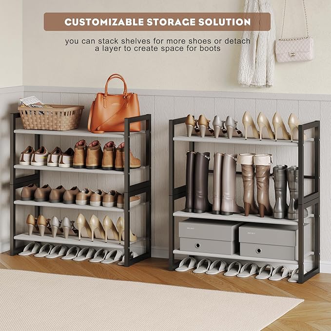 4-Tier Shoe Rack for Closet & Entryway, Stackable Shoe Organizer with Screw-Fastened Metal Frame, Less Wobble Design, Heel-Fr