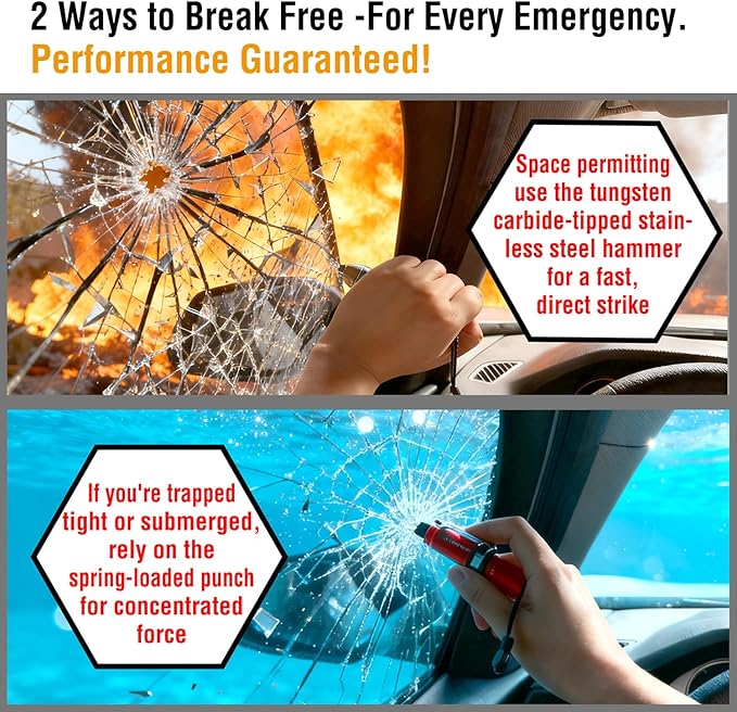 4-in-1 Car Emergency Escape Tool, Spring-Loaded Window Breaker & Seatbelt Cutter with Tungsten Steel Hammerhead, Anti-Slip Lu