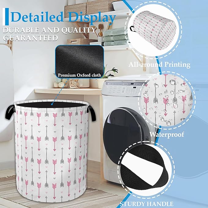Pink Arrow Laundry Basket Collapsible Laundry Hamper with Handle, Oxford Clothes Toy Storage Bin for Bathroom Bedroom Room De
