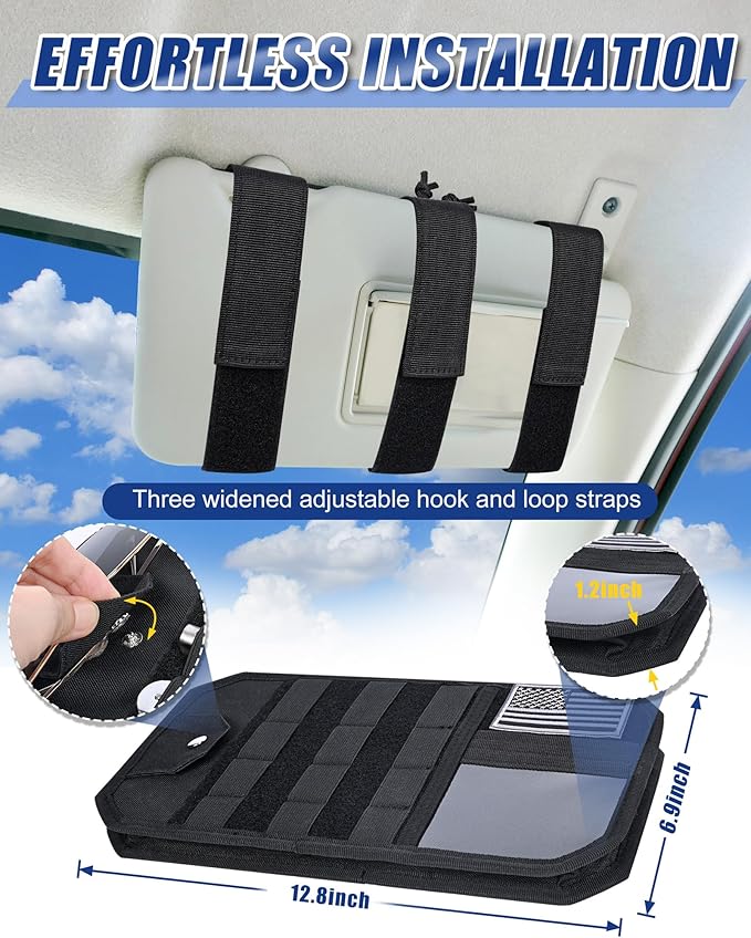 Heavy Duty Molle Car Sun Visor Organizer Tactical Pounch with Flag and Glasses Clip Store Your Daily Items for Most Cars, Trucks, SUVs, Compacts, 12.8"x6.9"x1.2"