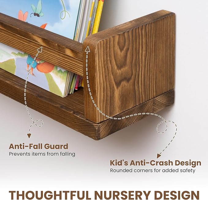 Fun Memories Nursery Book Shelves Set of 4, 32 Inch Solid Wood Wall Book Shelves, Kids Room Floating Shelves Organizer & Toy 