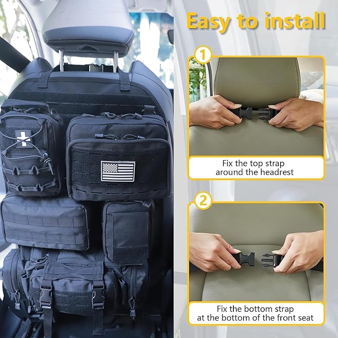 Universal Tactical Car Seat Back Organizer Bag Tactical Molle Vehicle Organizers Panel Vehicle Protector Organizers with 5 Detachable Pouches for Car (Upgraded C Black)