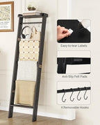 Hzuaneri Blanket Ladder Shelf, Decorative Quilt Rack, 6-Tier Farmhouse Ladder Holder Organizer with 4 Removable Hooks 7.9" D 