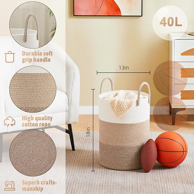 Artfeel Laundry Basket,Woven Cotton Rope Laundry Hamper,40L for Decorative Storage of Dirty Clothes,Toys and Blankets in Bath