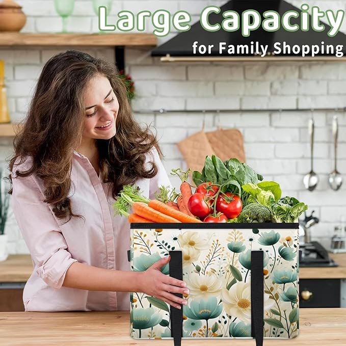 Reusable Grocery Bags Heavy Duty Shopping Bags Foldable Large Tote Bags with Long Handles & Hard Bottom