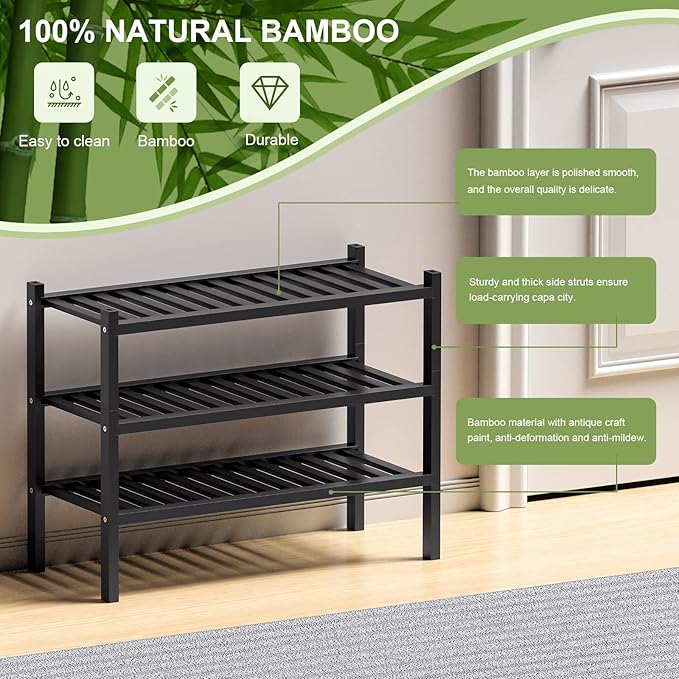 ROMGUAR CRAFT 3 Tier (Thick) Bamboo Shoe Rack for Entryway, Small Wood Shoe Shelf Storage Organizer for Closet, Shoe Stand fo