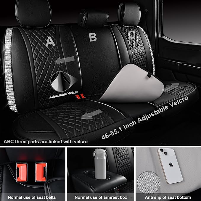 CAR PASS Bling Leather Car Seat Covers & Black Nappa Leather Calfskin Seat Cushioned Protector, Waterproof Anti-Slip Universa