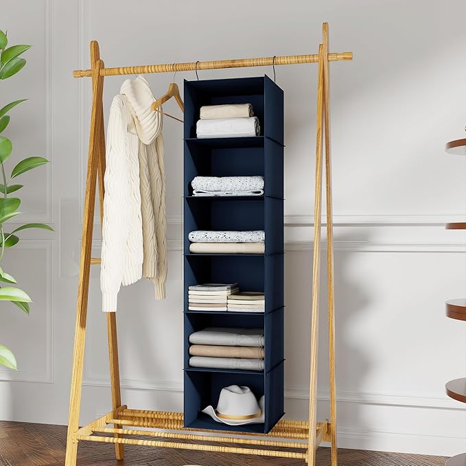 Hanging Closet Organizer and Storage 6-Shelf, Easy Mount Foldable Hanging Closet Wardrobe Shelves, Clothes Handbag Shoes Acce