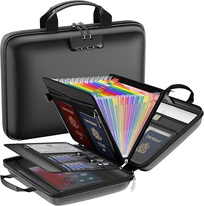 Fireproof File Organizer with Lock, Hard Case Fireproof Document Box with 13 Colorful Pockets Accordion File Folder, Importan