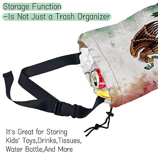 Vintage Mexico Flag Car Trash Bag,Hanging Drawstring Car Garbage Bag,Waterproof Canvas Car Back Seat Organizer with Adjustable Buckle,for Vehicles,SUVs,Camping,Road Trips