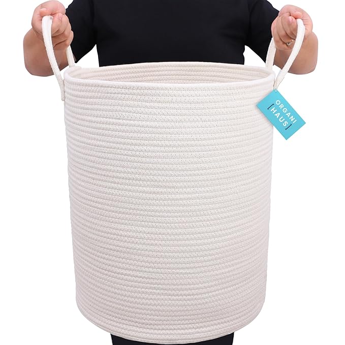 OrganiHaus Large Off-White Woven Laundry Basket w/Handles 52L, Rope Dirty Clothes Hamper, Blanket Basket for Living Room, Bab