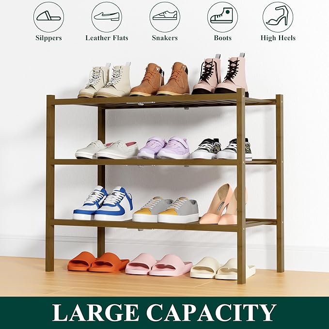 Smiry Shoe Rack, 3 Tier Thick Bamboo Shoe Organizer, Stackable Free Standing Wooden Shoe Storage Shelf for Closet, Entryway, 