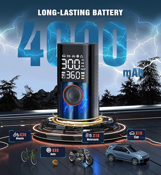 Tire Inflator Portable Air Compressor Portable Cordless Mini Air Pump with Digital Pressure Gauge Inflater 150PSI 3X Fast Inflation Auto Shutoff Large Battery Tires Pump for Cars Motors Bikes Balls