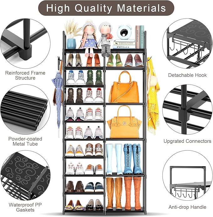 Kottwca 2 Row 10 Tier Tall Shoe Rack Organizer for Closet Entryway, 40-45 Pair Shoe Boot Storage Rack, Metal Shoe Shelf Small