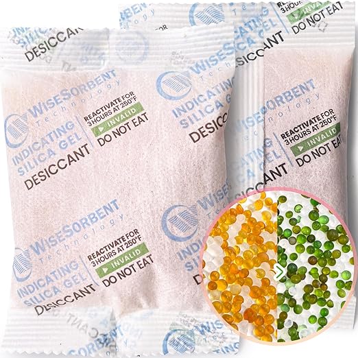[10 Packs] 50g Desiccant Packs, Indicating Silica Gel Packets, Rechargeable Desiccant Packs, Desiccant Moisture Absorber for