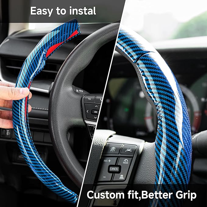 West Llama Carbon Fiber Steering Wheel Covers,3 Piece Car Wheel Cover Universal Fit 99% Cars(Glossy Blue)