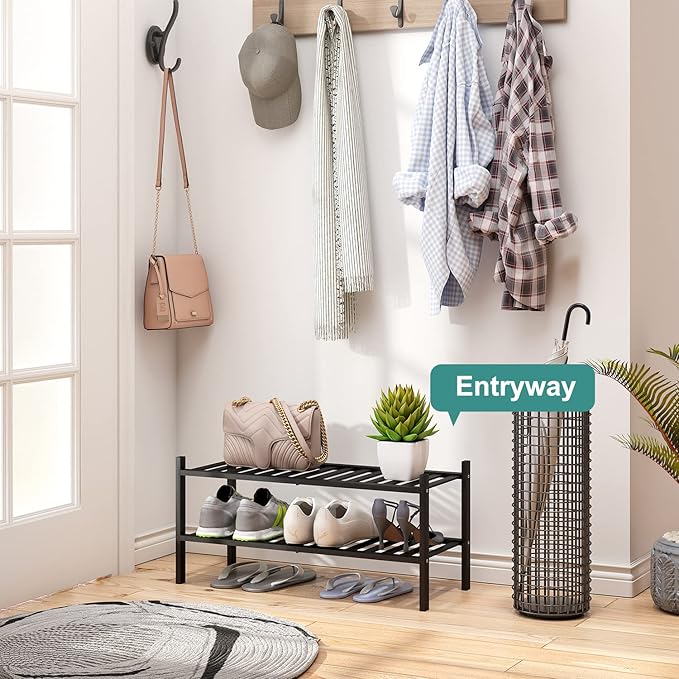 viewcare 2-Tier Black Bamboo Shoe Rack for Entryway, Stackable | Foldable | Natural, Shoe Shelf Storage Organizer for Hallway