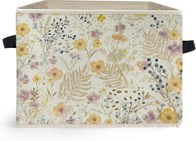Watercolor Wildflower Storage Box Bins, Vintage Cottagecore Botanical Floral Collapsible Storage Basket Organizer for Bedroom