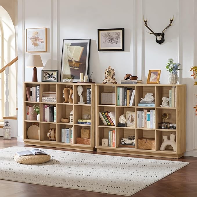 Joaxswe 12 Cube Storage Organizer, 41" Large Bookshelf with Curved Edge, Wood Floor Standing 3-Tier Cubby Bookcase with Base,
