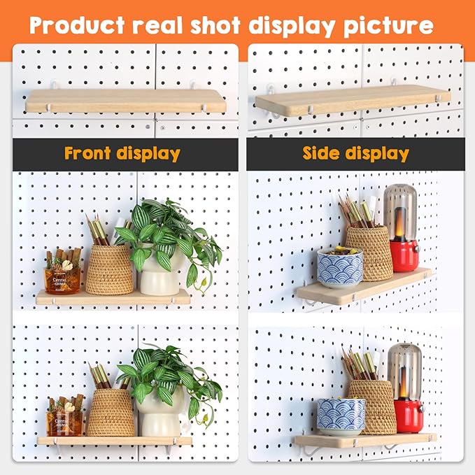 Solid Wood Pegboard Shelf, High Balance and No tilt, Pegboard Accessories, Wooden Pegboard Shelves for 1/4" Metal Pegboard, 2