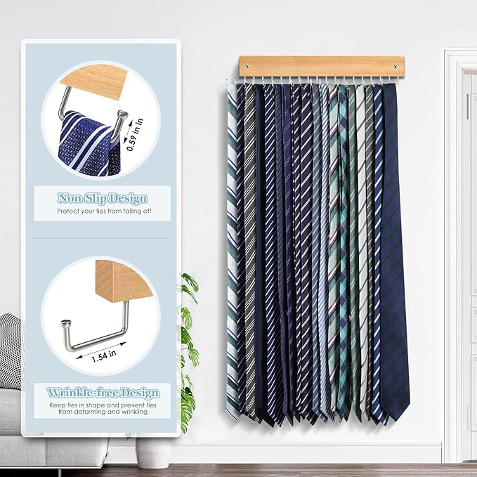 Tie Rack Belt Hanger Wall Mounted, Lomrsiul Non Slip 180 Degree Rotating Tie Organizer for Men Closet with 18 Hooks Closet Or